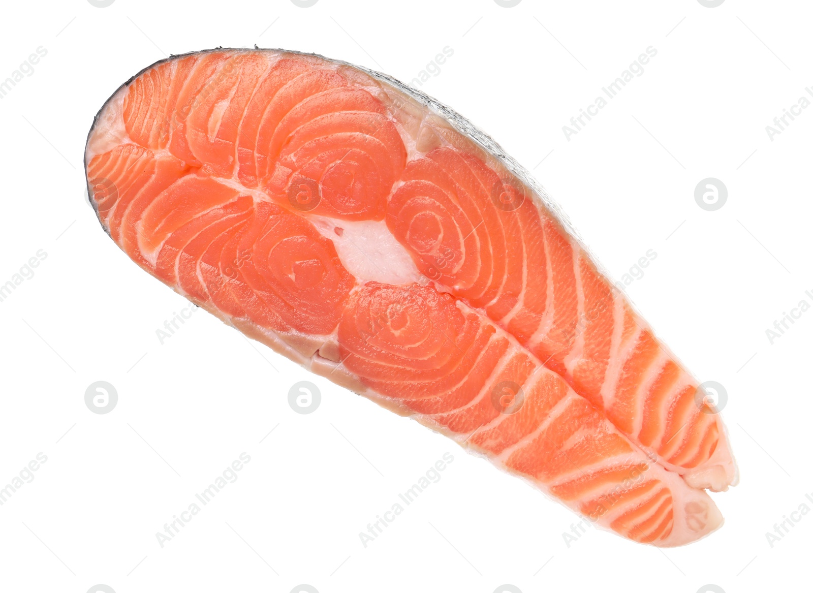 Photo of Steak of fresh raw salmon isolated on white, top view