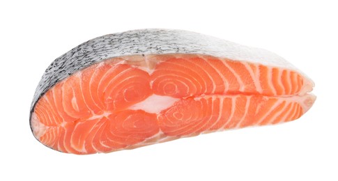 Photo of Steak of fresh raw salmon isolated on white