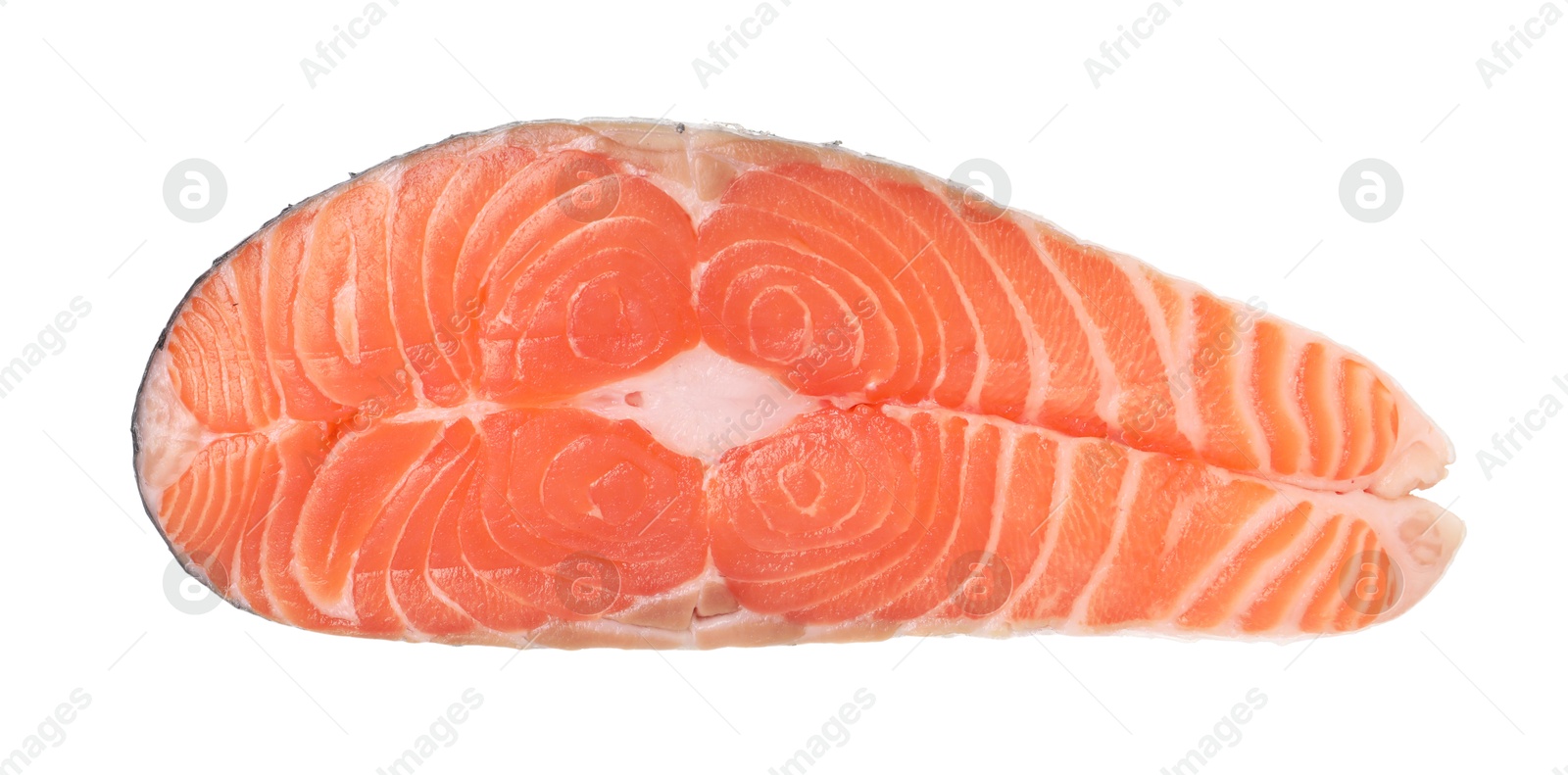 Photo of Steak of fresh raw salmon isolated on white, top view