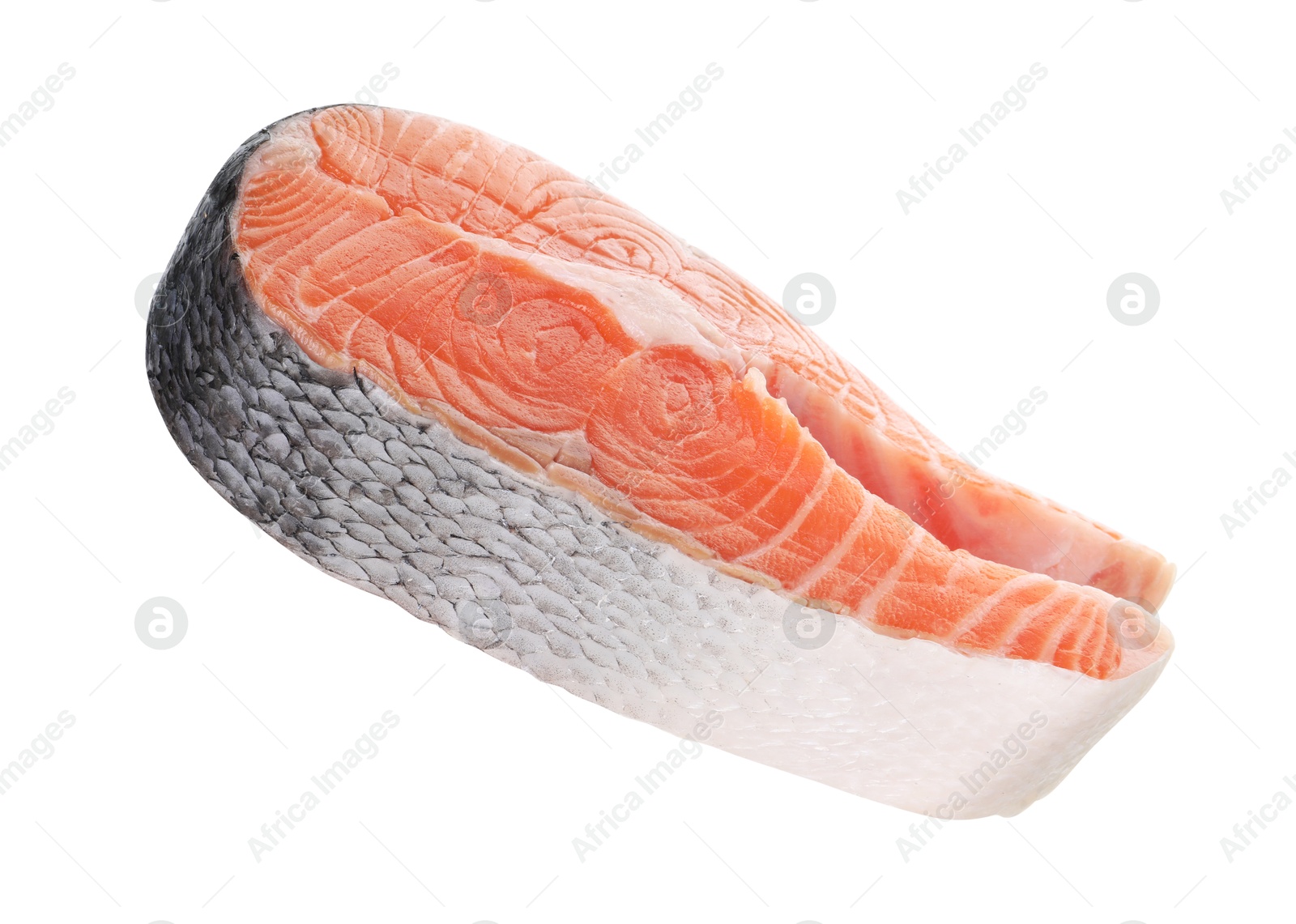 Photo of Steak of fresh raw salmon isolated on white