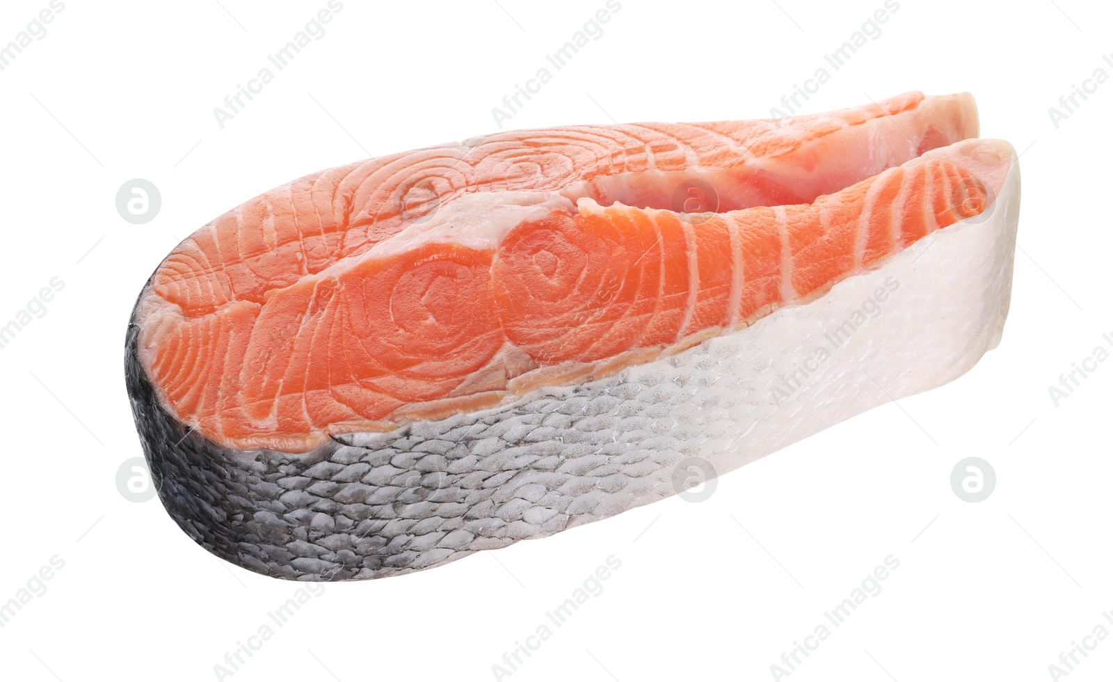 Photo of Steak of fresh raw salmon isolated on white