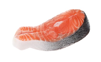 Photo of Steak of fresh raw salmon isolated on white