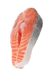 Photo of Steak of fresh raw salmon isolated on white