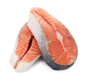 Photo of Steaks of fresh raw salmon isolated on white