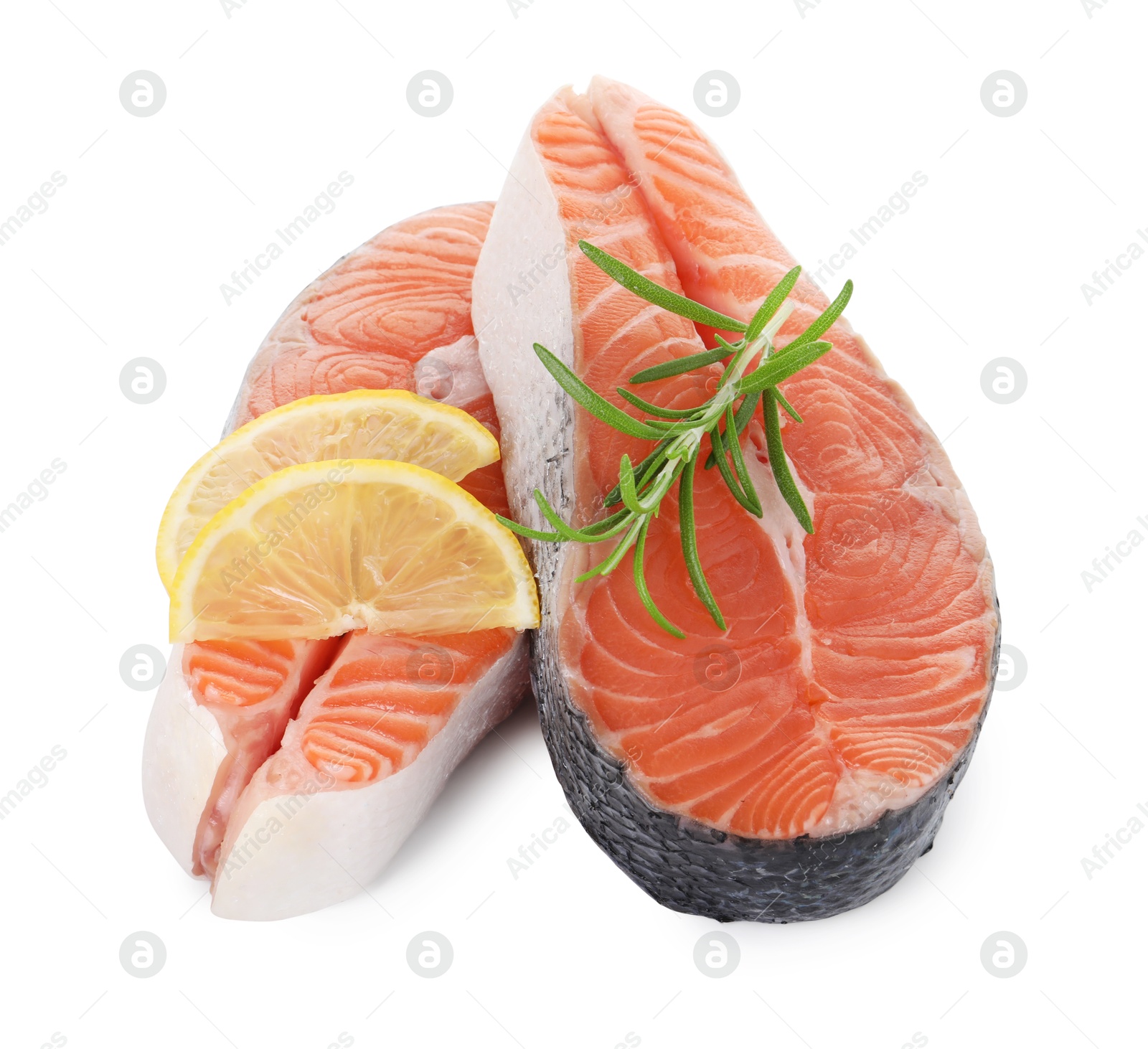 Photo of Steaks of fresh raw salmon and spices isolated on white