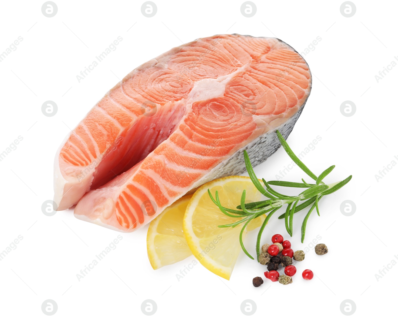 Photo of Steak of fresh raw salmon and spices isolated on white