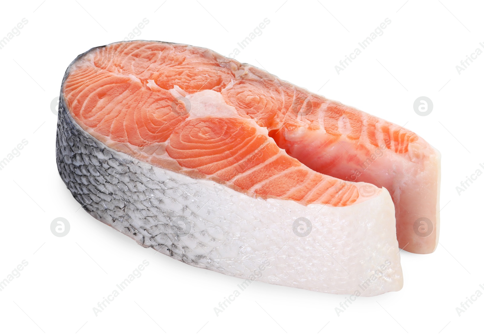 Photo of Steak of fresh raw salmon isolated on white