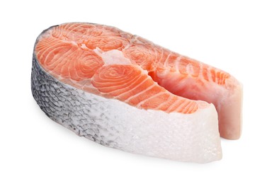 Photo of Steak of fresh raw salmon isolated on white