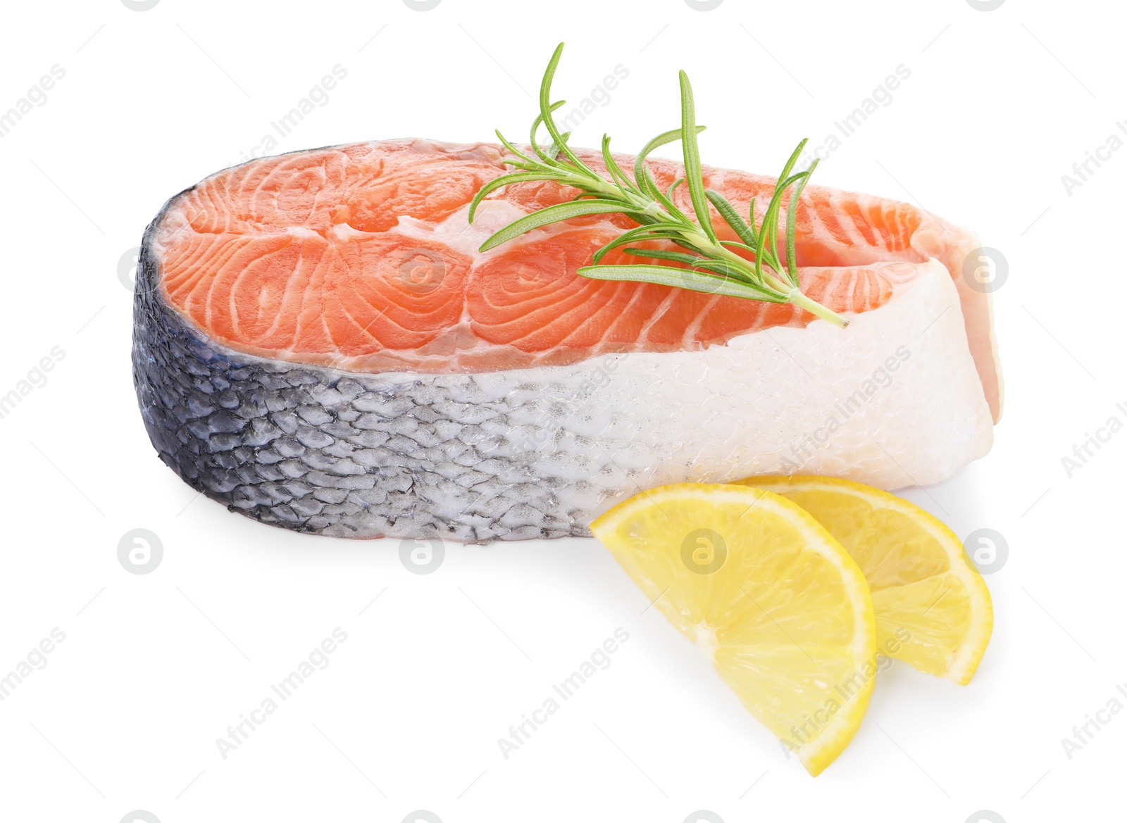 Photo of Steak of fresh raw salmon and spices isolated on white