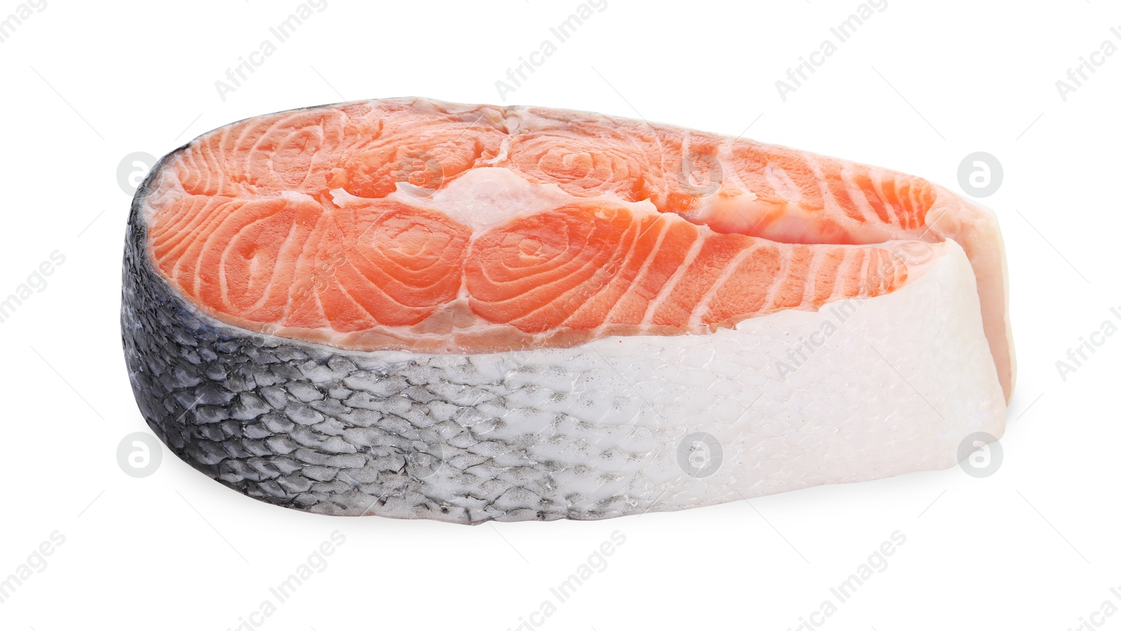 Photo of Steak of fresh raw salmon isolated on white