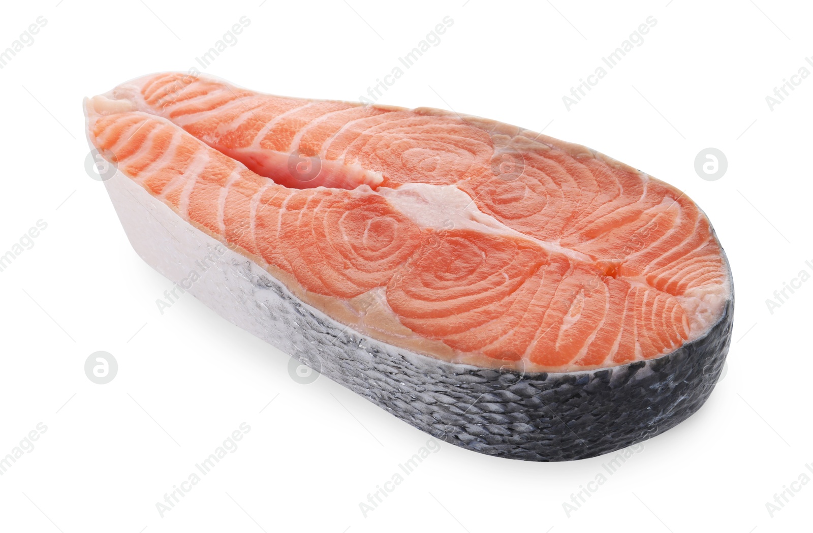 Photo of Steak of fresh raw salmon isolated on white