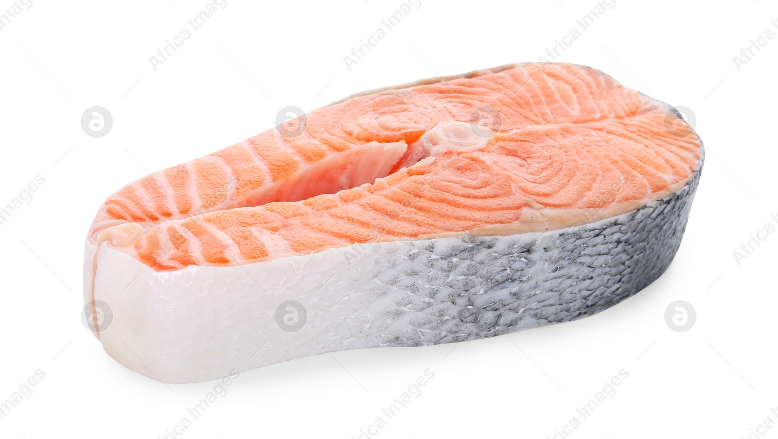 Photo of Steak of fresh raw salmon isolated on white