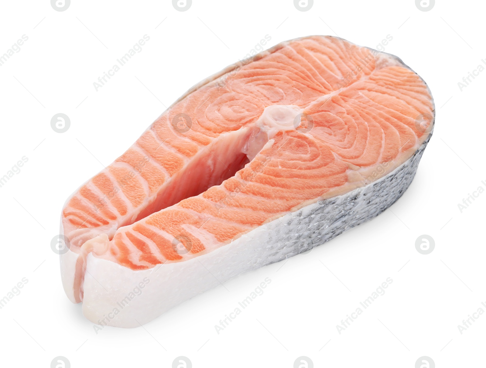 Photo of Steak of fresh raw salmon isolated on white