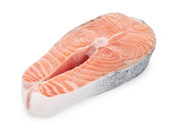 Photo of Steak of fresh raw salmon isolated on white