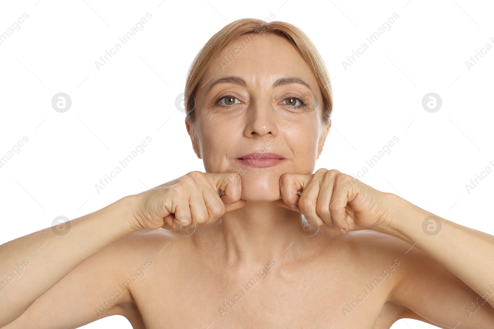 Photo of Beautiful woman doing facial self massage on white background