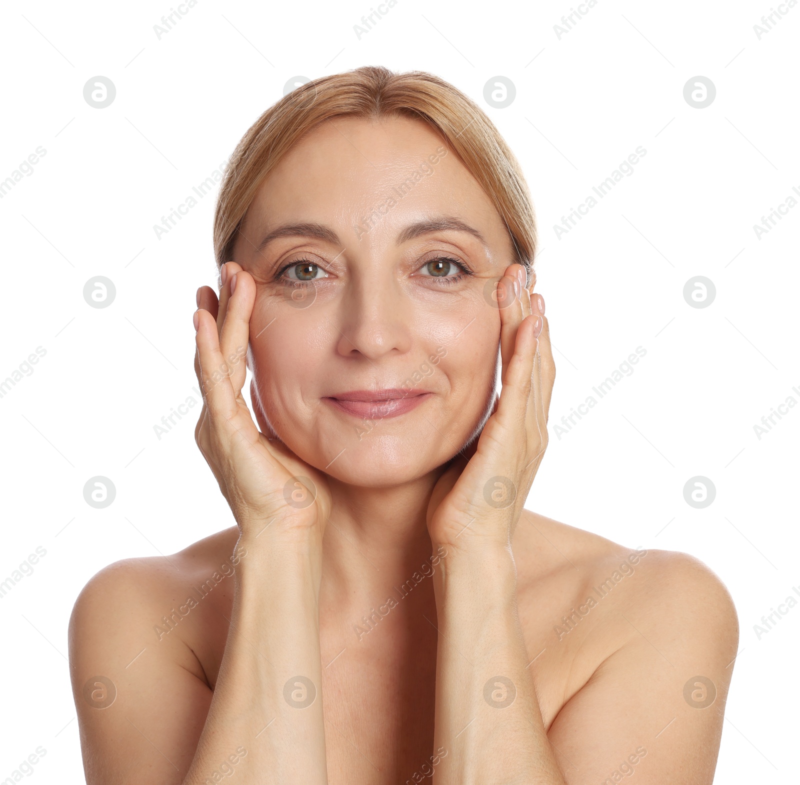 Photo of Beautiful woman doing facial self massage on white background