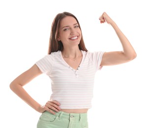 Portrait of happy winner on white background