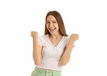 Photo of Portrait of happy winner on white background