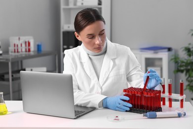 Laboratory testing. Doctor taking test tube with blood sample at table indoors