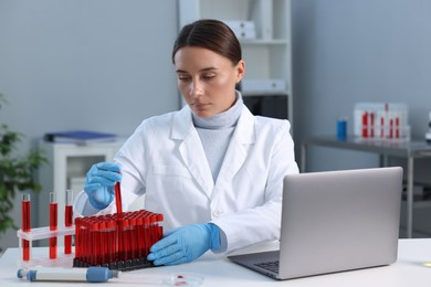 Photo of Laboratory testing. Doctor taking test tube with blood sample at table indoors