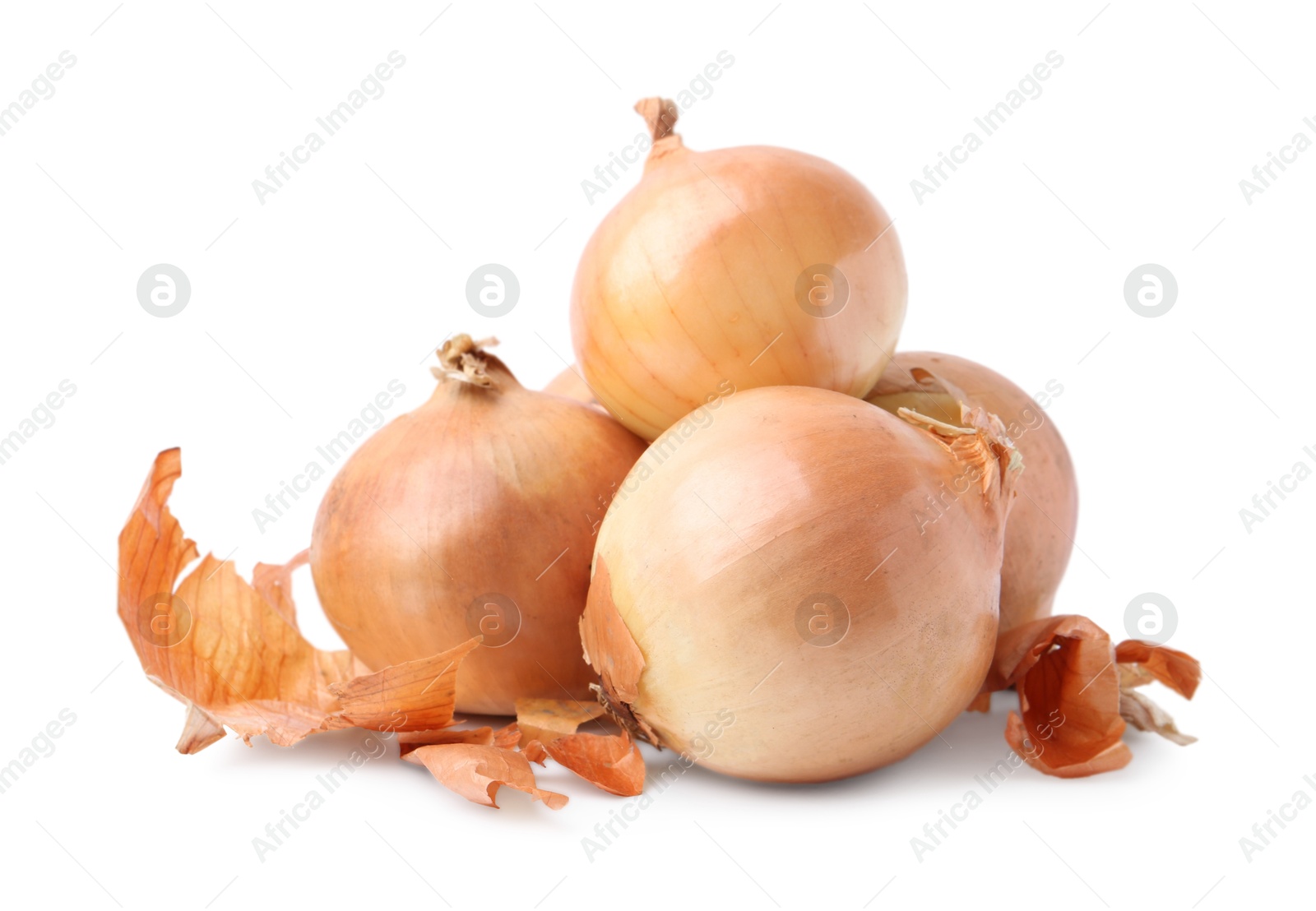 Photo of Fresh onions with peels isolated on white