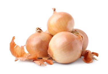 Photo of Fresh onions with peels isolated on white