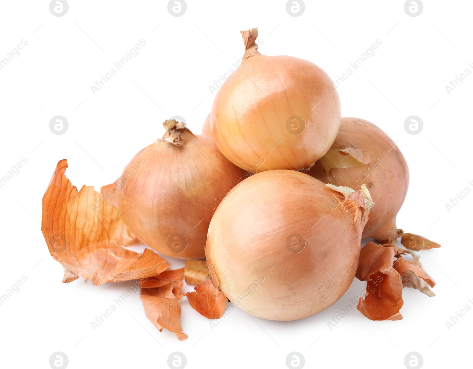 Photo of Fresh onions with peels isolated on white