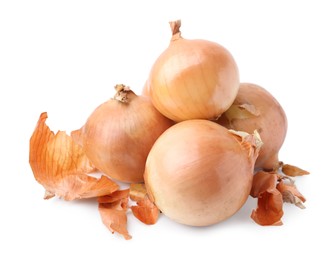 Photo of Fresh onions with peels isolated on white