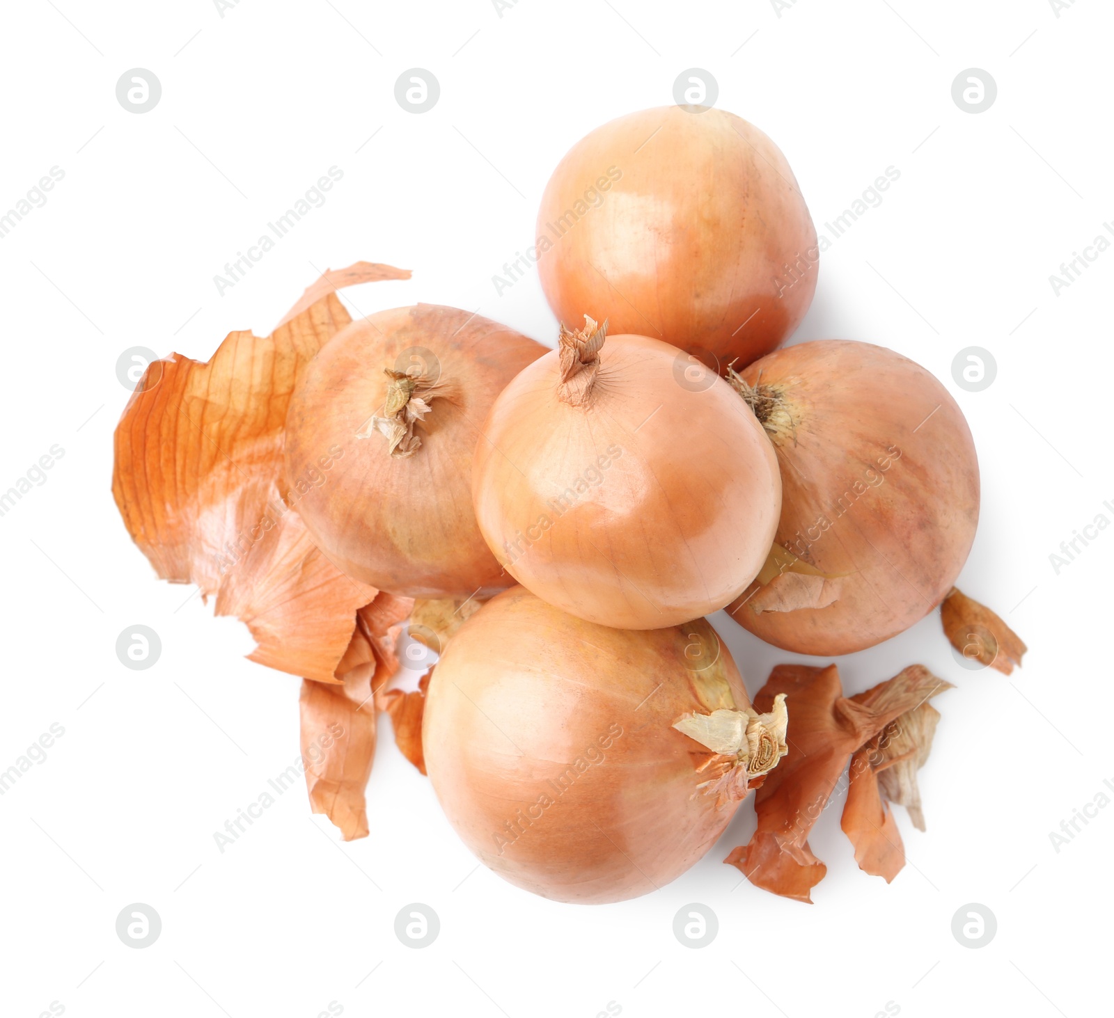 Photo of Fresh onions with peels isolated on white, top view