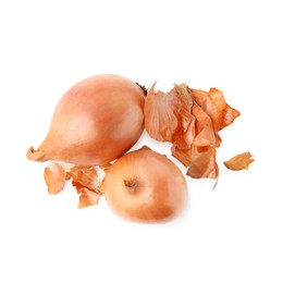 Photo of Fresh onions with peels isolated on white, top view