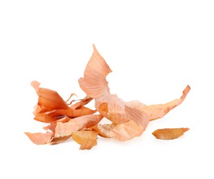 Photo of Pile of onion peels isolated on white