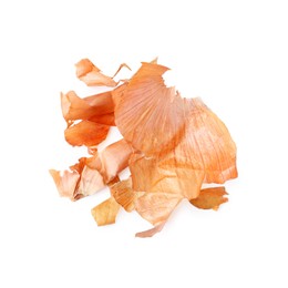 Photo of Onion peels isolated on white, top view