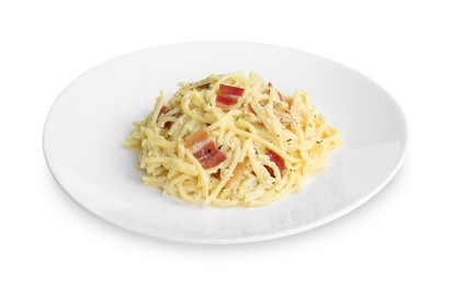 Photo of Delicious pasta Carbonara with bacon isolated on white