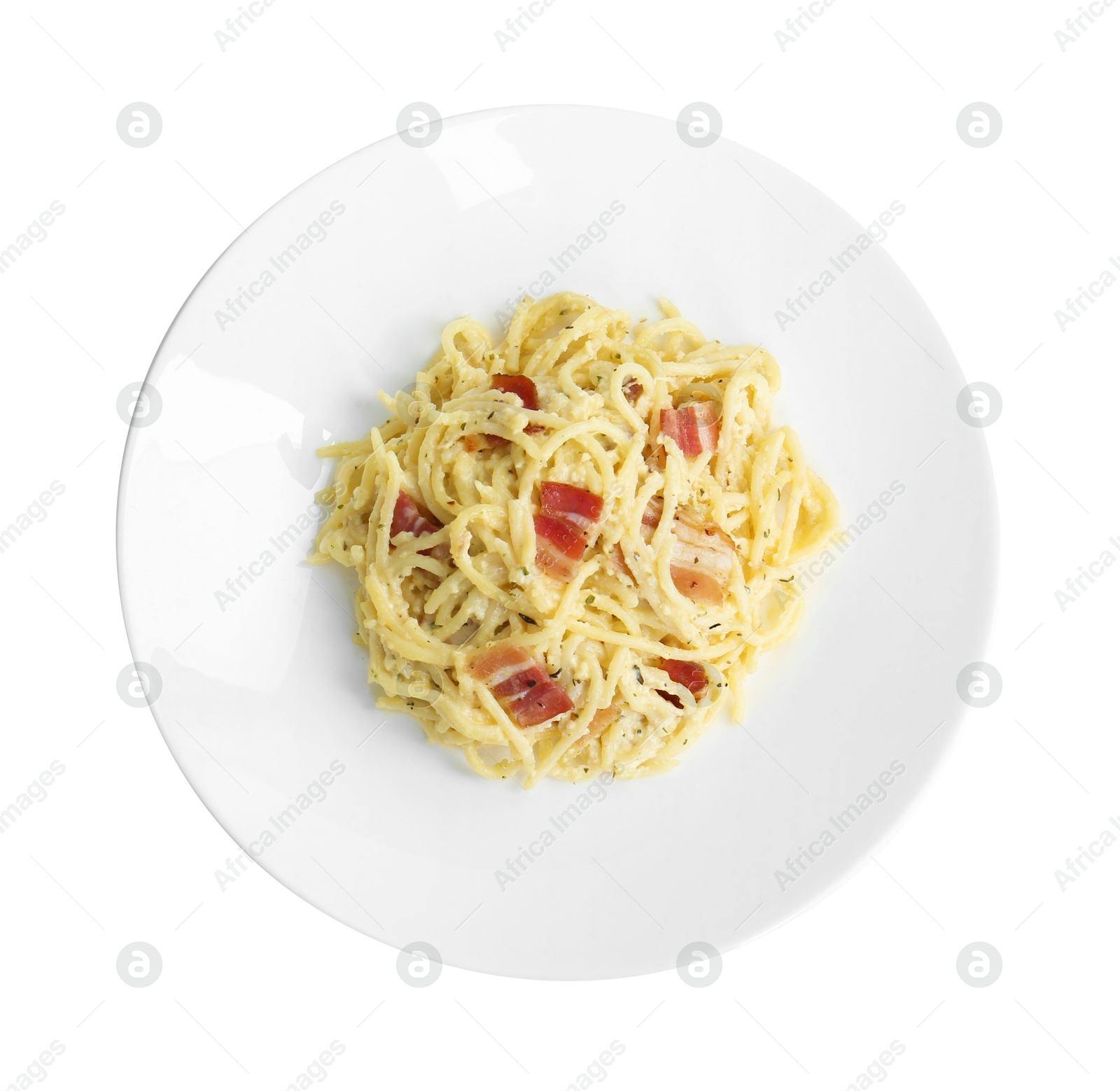 Photo of Delicious pasta Carbonara with bacon isolated on white, top view