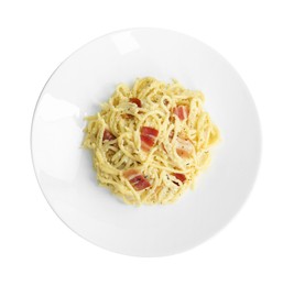 Photo of Delicious pasta Carbonara with bacon isolated on white, top view