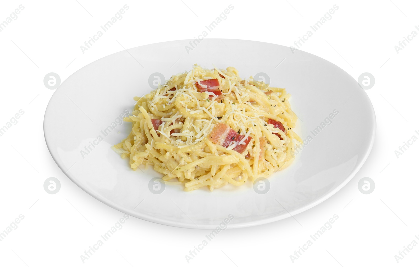 Photo of Delicious pasta Carbonara with bacon isolated on white