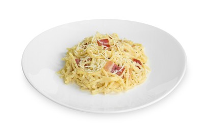 Photo of Delicious pasta Carbonara with bacon isolated on white