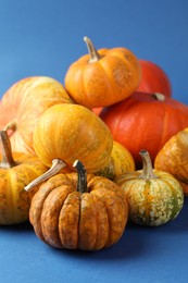 Photo of Group of fresh pumpkins on blue background, closeup