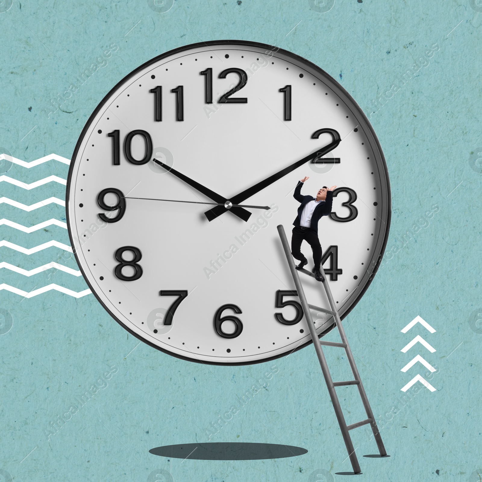 Image of Businessman on ladder trying to hold hand of clock. Time management, creative collage