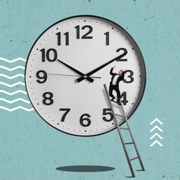 Image of Businessman on ladder trying to hold hand of clock. Time management, creative collage