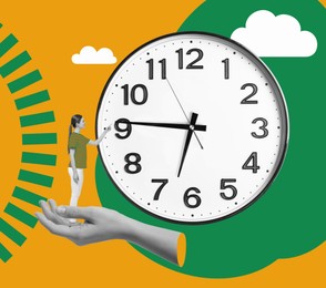 Time concept. Creative collage with woman and big clock on color background