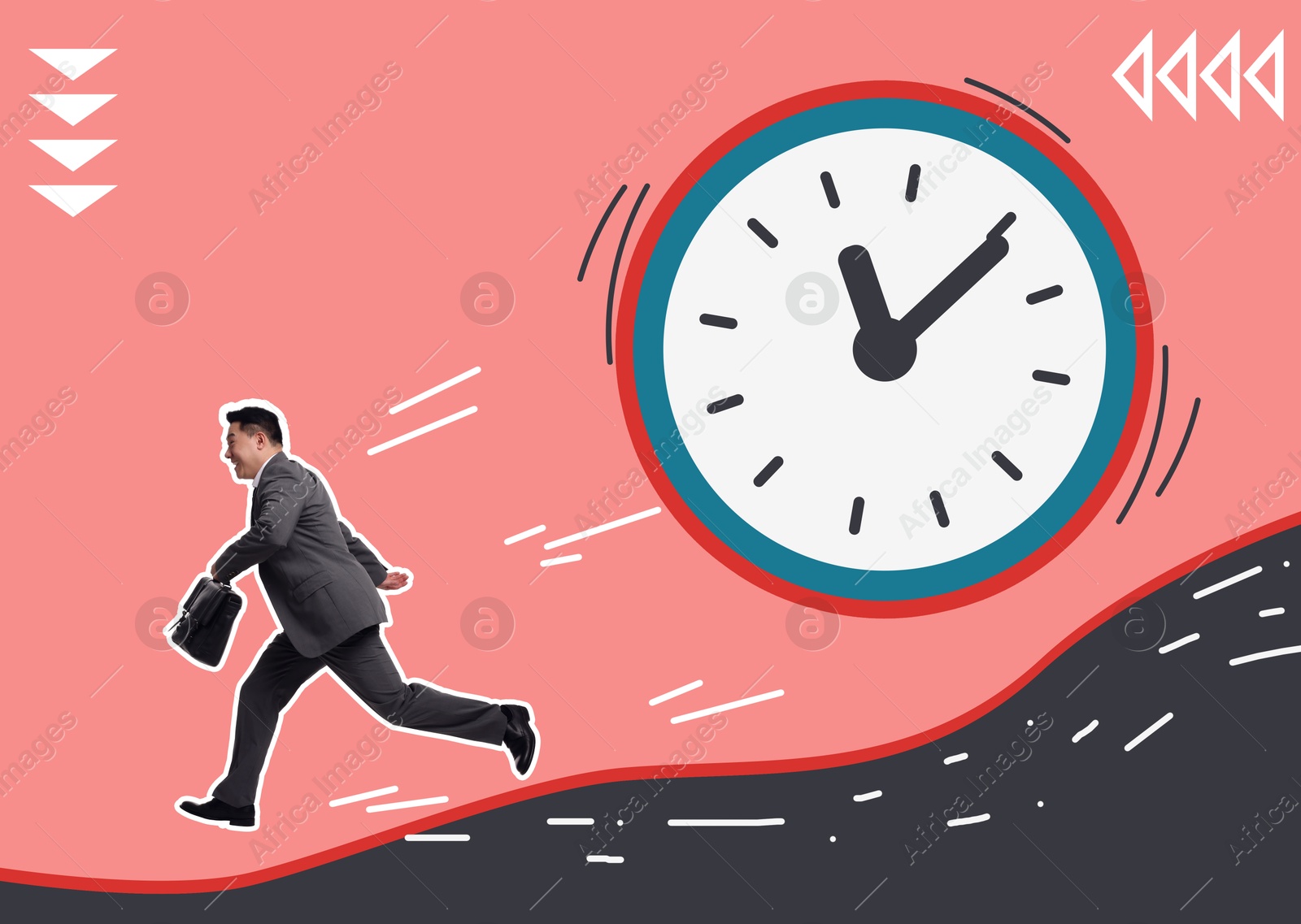 Image of Businessman running away from big clock. Time management, creative collage