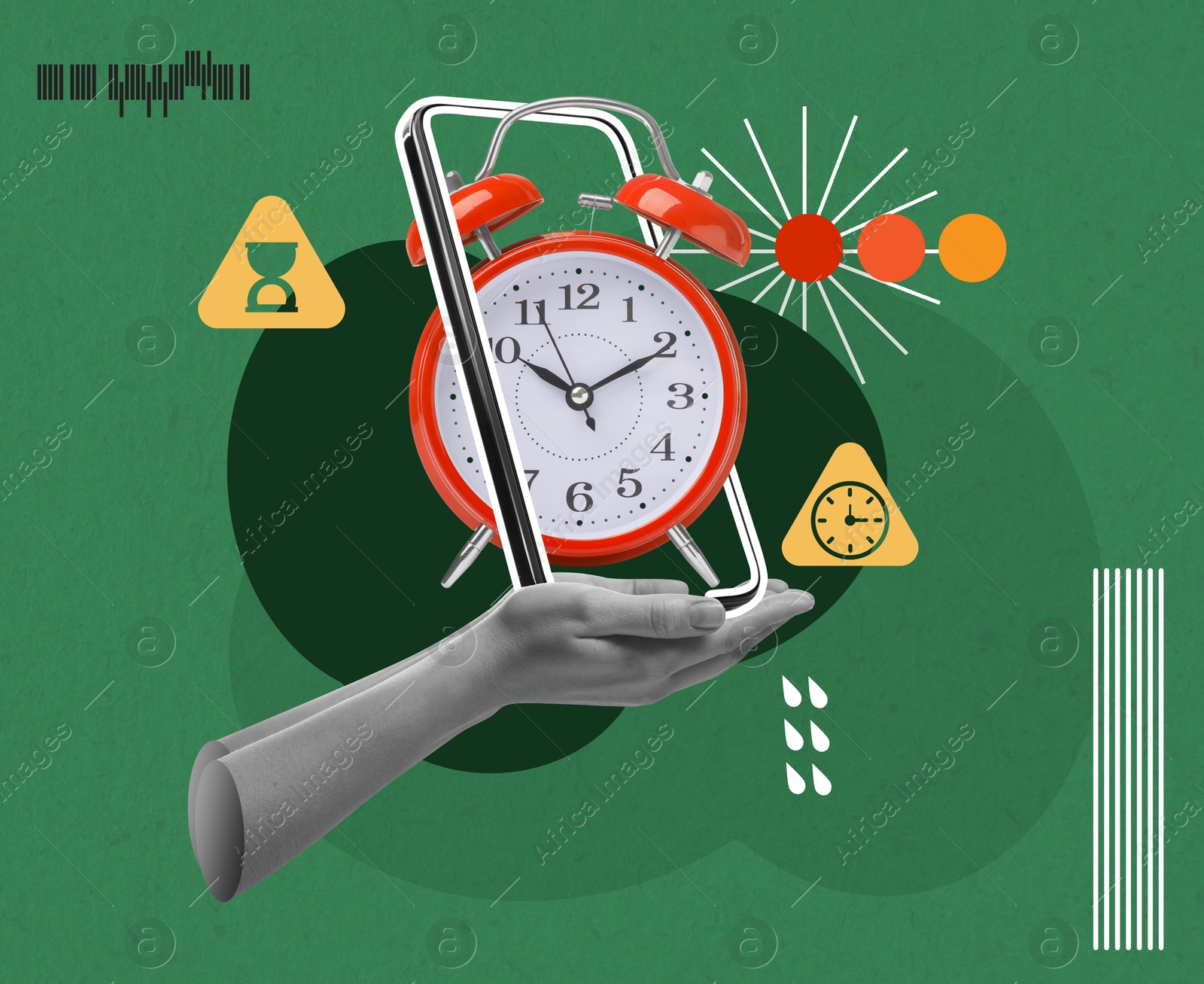 Image of Time related concept. Female hands holding mobile phone with alarm clock inside, creative collage