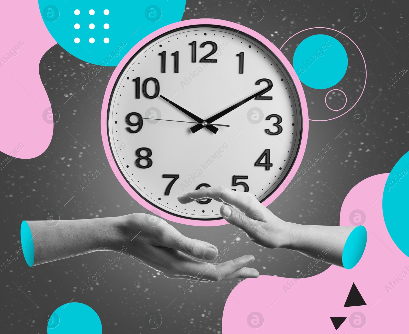 Image of Male and female hands reaching to each other against clock on color background. Creative time related collage