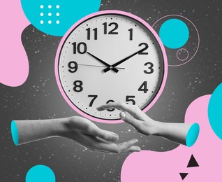 Image of Male and female hands reaching to each other against clock on color background. Creative time related collage