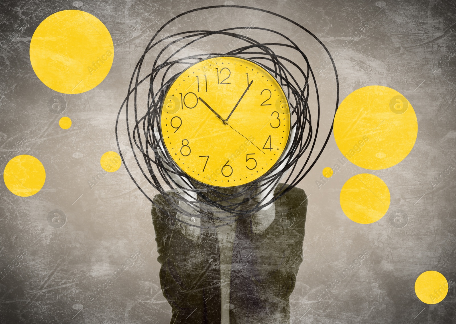 Image of Woman with clock head on color background. Time management, creative collage