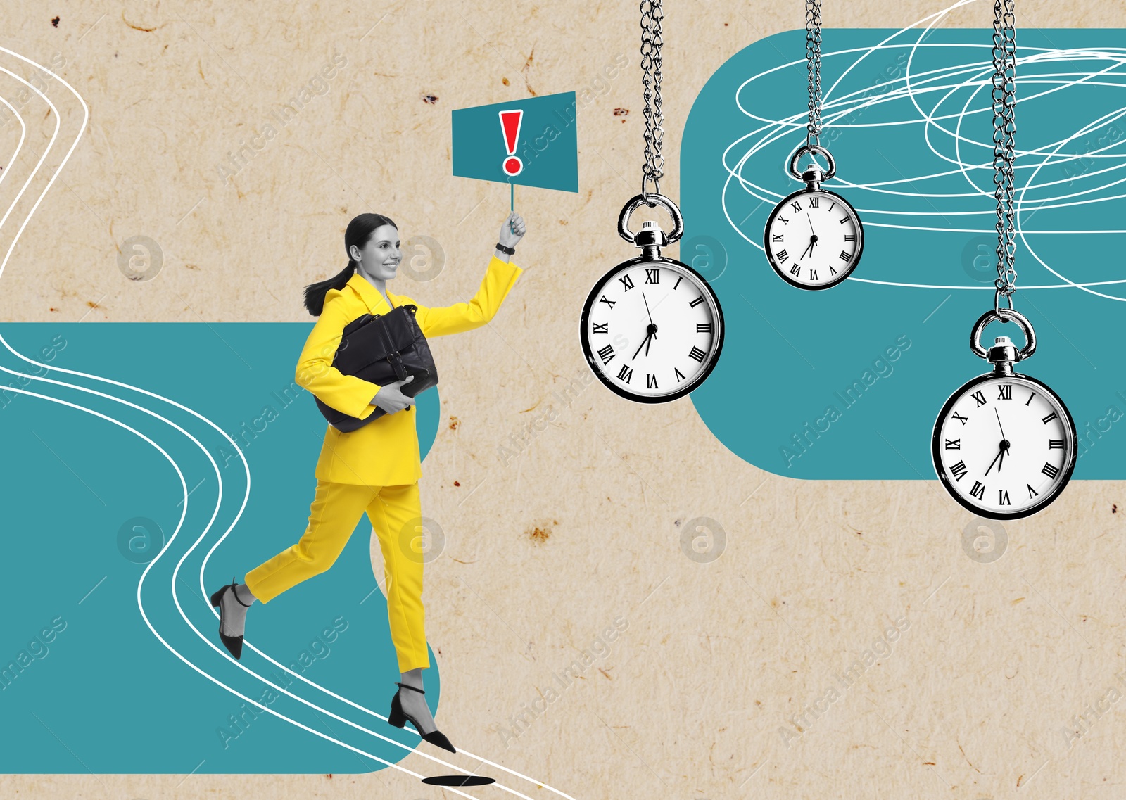 Image of Businesswoman with warning sign running towards hanging pocket watches. Time management, creative collage