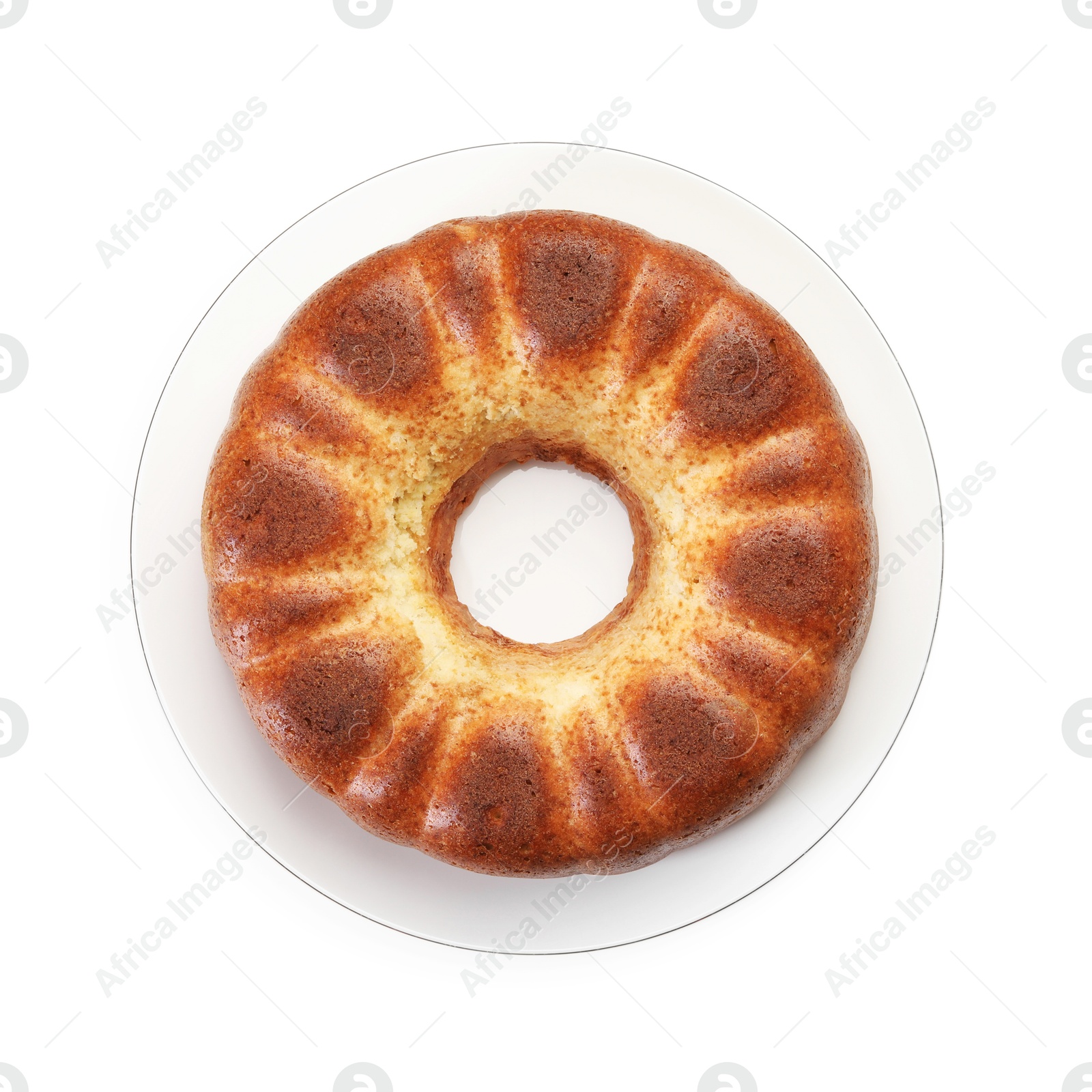 Photo of Freshly baked sponge cake isolated on white, top view