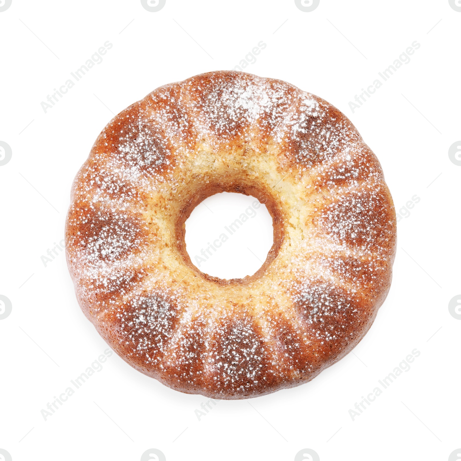 Photo of Freshly baked sponge cake isolated on white, top view