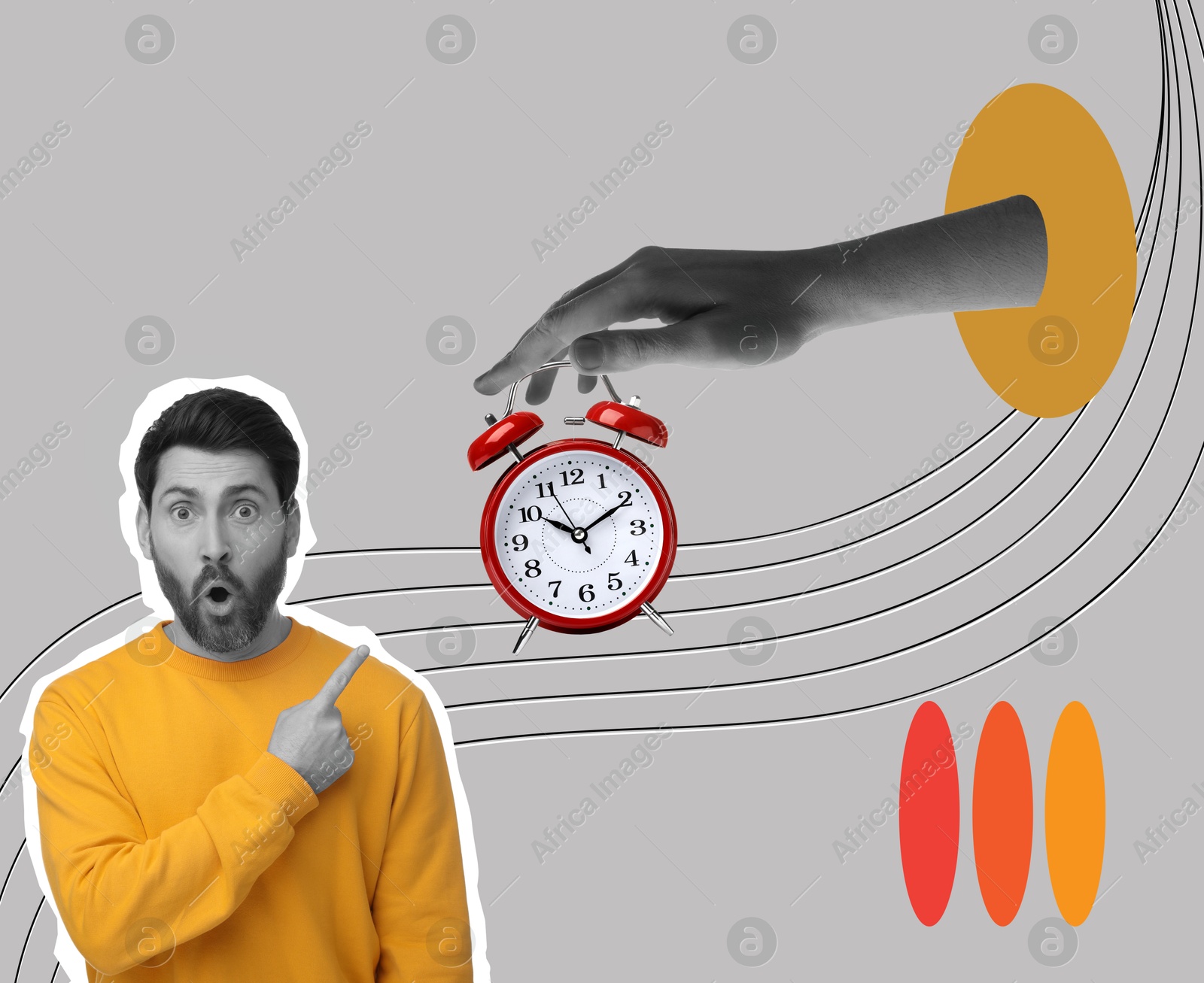 Image of Surprised man pointing at alarm clock in female hand on color background. Time management, creative collage